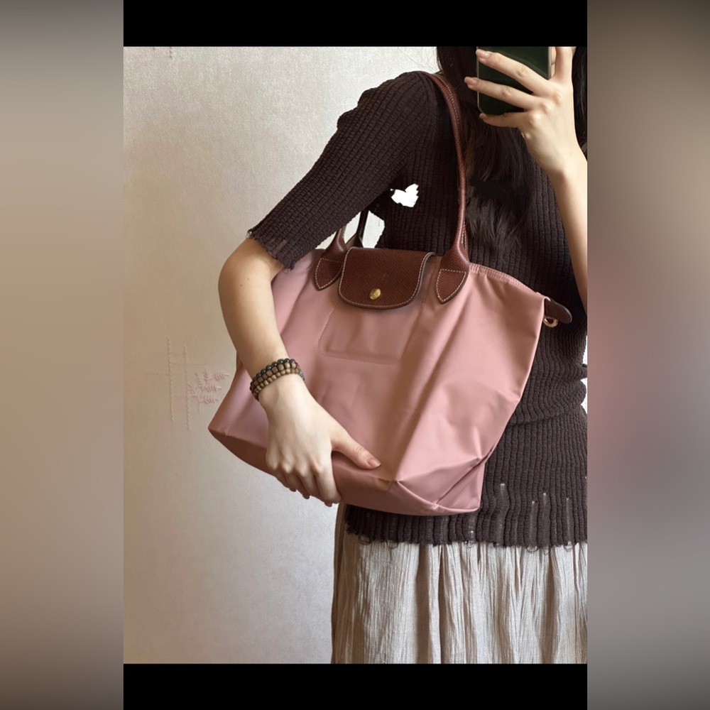 Longchamp Pink Nylon Le Pliage Tote with Brown Leather Trim